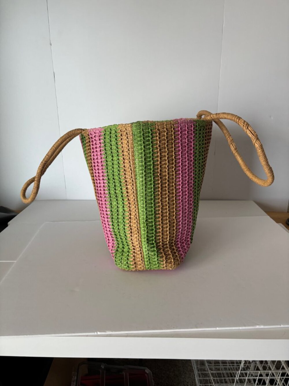 A New Day Striped Woven Straw Tote Bag Pink Green Tan Crochet Shoulder Handbag - Picture 5 of 9